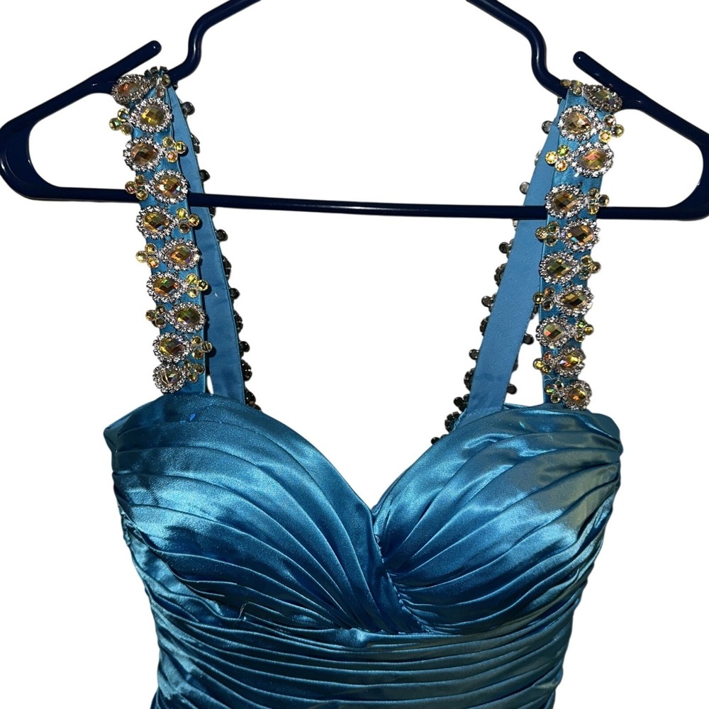 Blush by Alexia Turquoise Ruched Satin Rhinestone Strap Mini Prom Dress Sz 4